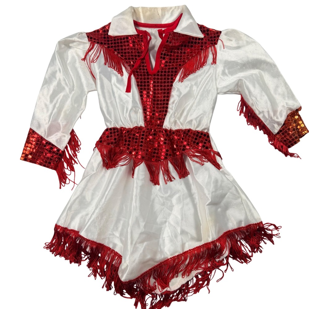 Vintage Western Dance Costume Girls White Red Sequin Fringe Performance Dress